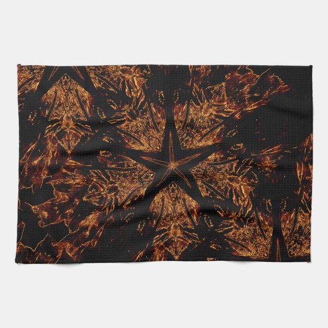 Elegant Dark Kaleidoscopic Design Black Brown Star Kitchen Towel (Horizontal)