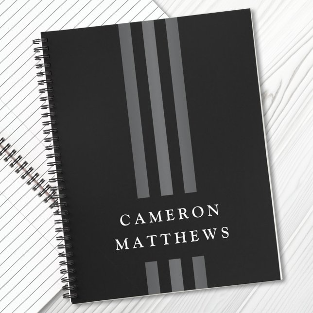 Elegant dark lines modern monogrammed black notebook (Creator Uploaded)