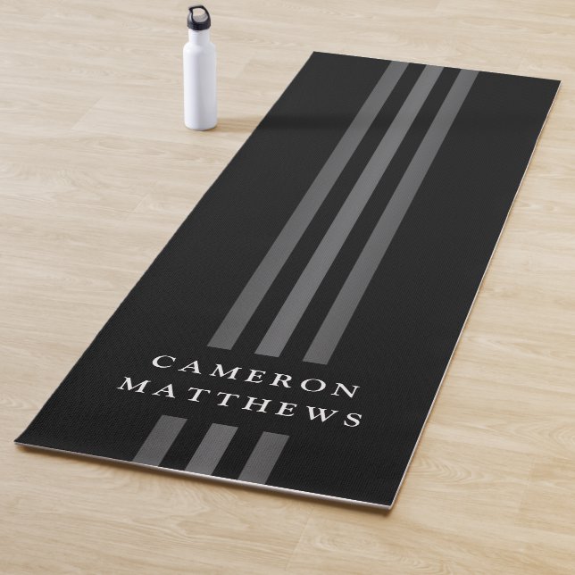 Elegant dark lines modern monogrammed black yoga mat (In Situ)