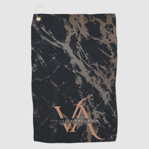 Elegant Dark Marble Rose Gold Monogram Custom Golf Towel