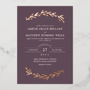Elegant Dark Mauve & Rose Gold Greenery Wedding Foil Invitation