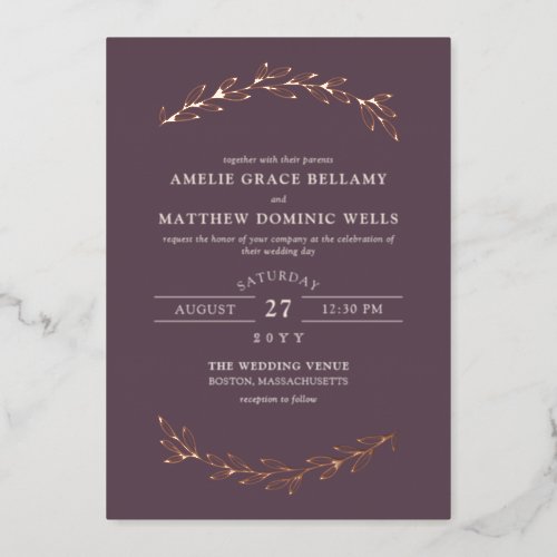 Elegant Dark Mauve  Rose Gold Greenery Wedding Foil Invitation