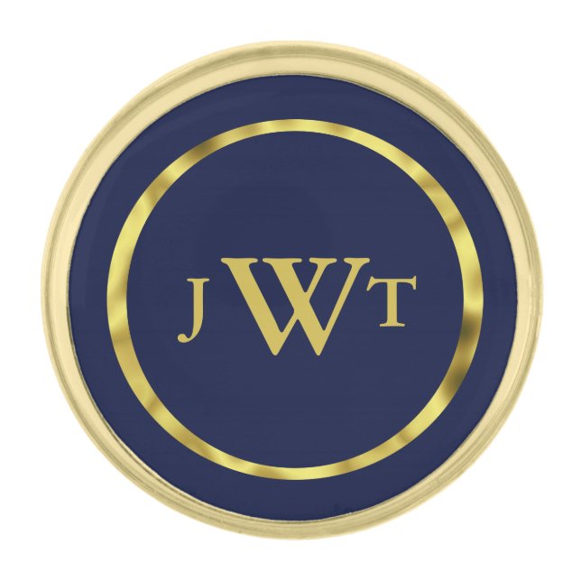Elegant Dark Midnight Blue Gold Initials Monogram Finish Lapel Pin (Front)