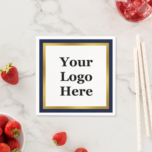 Elegant Dark Midnight Blue White Gold Your Logo Napkins (Insitu)