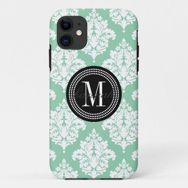 Elegant Dark Mint Damask Personalized Case-Mate iPhone Case (Back)