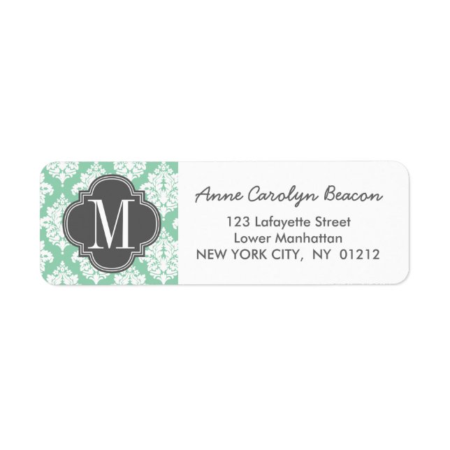 Elegant Dark Mint Damask Personalized Label (Front)