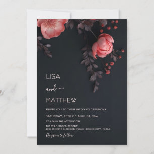 Elegant Dark Moody 3D Roses Wedding Invitation