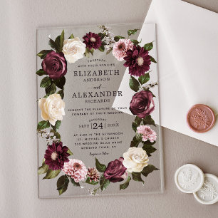 Elegant Dark Moody Floral Burgundy Wedding Acrylic Invitations