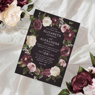 Elegant Dark Moody Floral Burgundy Wedding Invitation