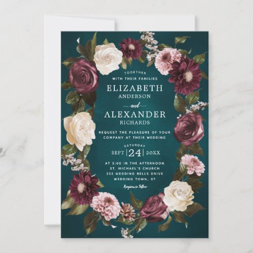 Elegant Dark Moody Floral Teal Wedding  Invitation