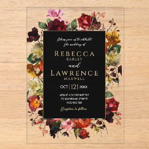 Elegant dark moody flowers black wedding acrylic invitations