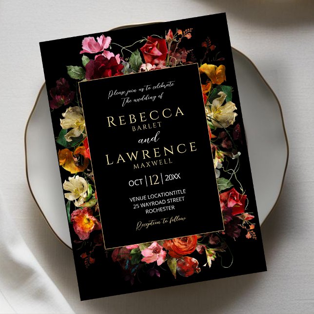 Elegant dark moody flowers black wedding invitation (Creator Uploaded)