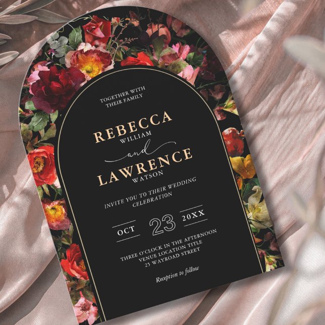 Elegant dark moody flowers frame arched wedding invitation (Creator Uploaded)