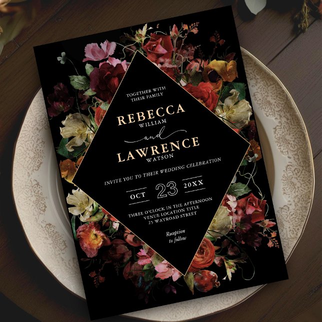 Elegant dark moody flowers frame wedding invitation (Creator Uploaded)