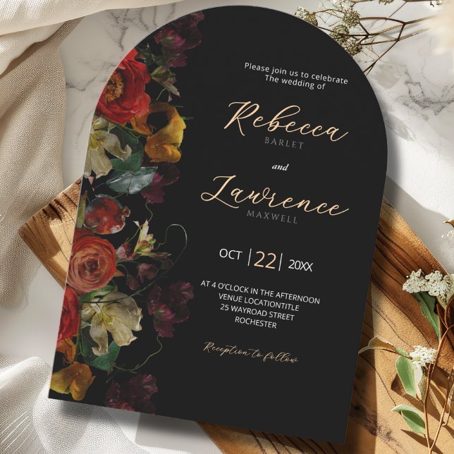 Elegant dark moody flowers wedding arched invitation (Creator Uploaded)