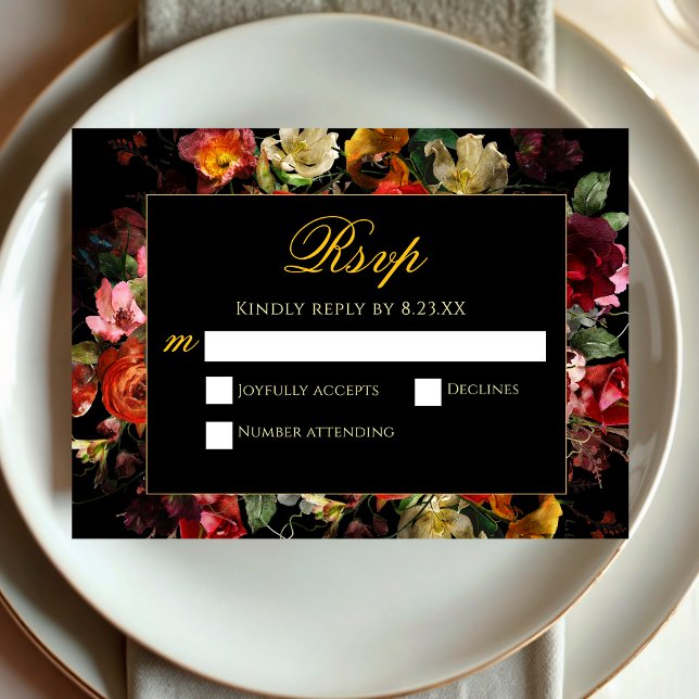 Elegant dark moody flowers wedding RSVP card (Creator Uploaded)
