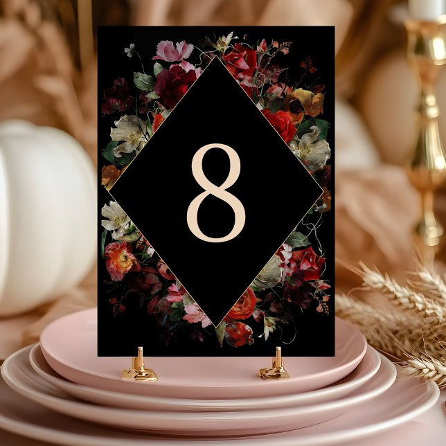 Elegant dark moody flowers wedding table number (Creator Uploaded)