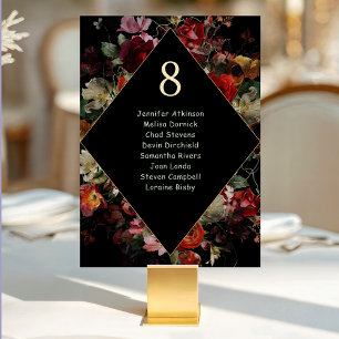 Elegant dark moody flowers wedding table number