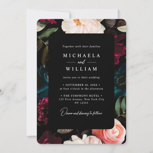 Elegant Dark & Moody Modern Floral Wedding Invitation (Front)