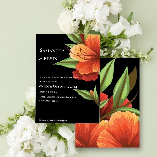 Elegant Dark Moody Orange Floral Wedding Invitation