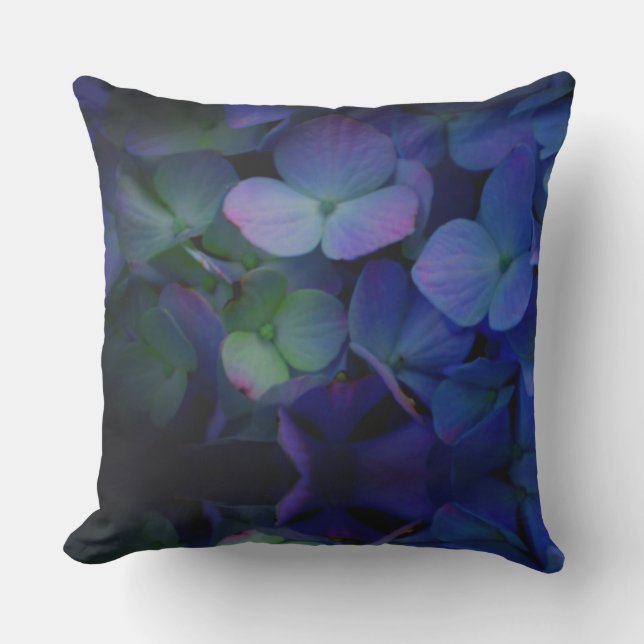 Elegant dark moody purple blue florals hydrangeas outdoor pillow (Front)
