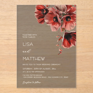 Elegant Dark Moody Red Flowers  Acrylic Invitations