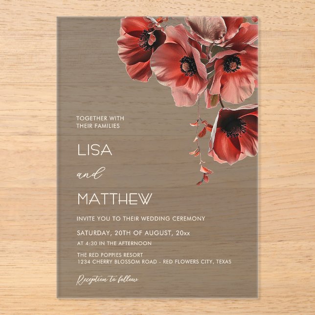 Elegant Dark Moody Red Flowers  Acrylic Invitations (Front)