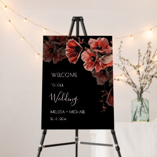 Elegant Dark Moody Red Flowers Wedding Welcome Foam Board
