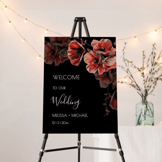 Elegant Dark Moody Red Flowers | Wedding Welcome Foam Board (In Situ (Stand))