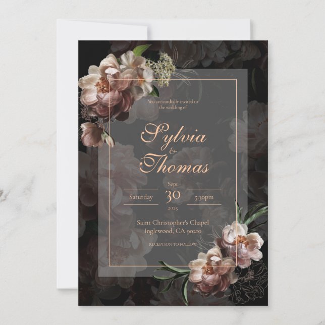 Elegant Dark Moody Rose Gold Floral Wedding Invitation (Front)