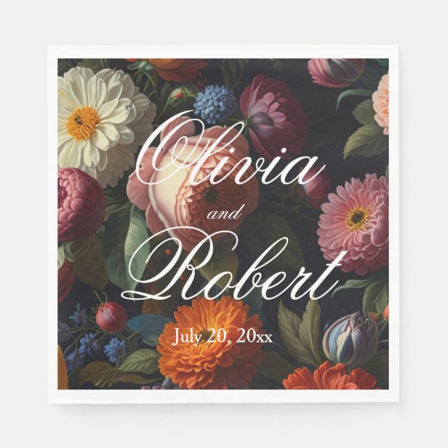 Elegant dark moody vintage florals napkins (Front)