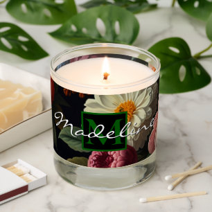 Elegant dark moody vintage florals personalize scented candle
