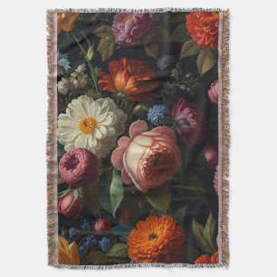 Elegant dark moody vintage florals throw blanket