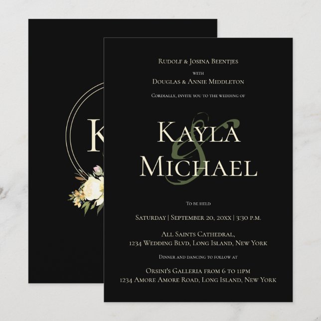 Elegant Dark & Moody Wedding Monogram Cream Rose Invitation (Front/Back)