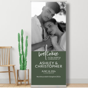 Elegant Dark Moss Green Photo Wedding Welcome Retractable Banner