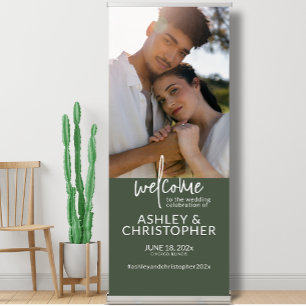 Elegant Dark Moss Green Photo Wedding Welcome Retractable Banner