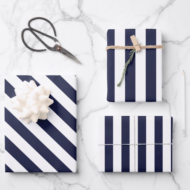 Elegant Dark Navy Blue and White Striped Pattern Wrapping Paper Sheets (Front)