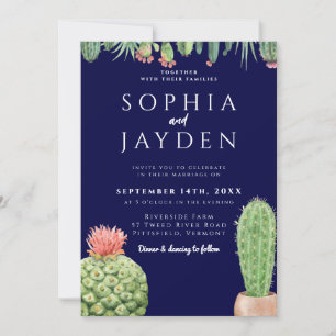 Elegant Dark Navy Blue Cactus Watercolor Wedding Invitation