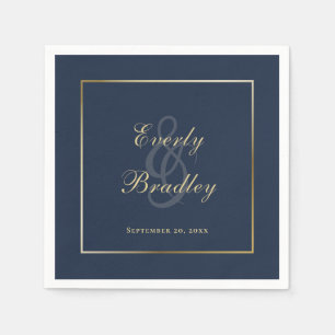 Elegant Dark Navy Blue Gold Border Script Napkins