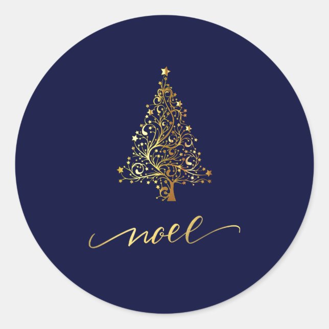 Elegant Dark Navy Blue & Gold Christmas Tree Noel Classic Round Sticker (Front)