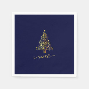 Elegant Dark Navy Blue & Gold Christmas Tree Noel Napkins