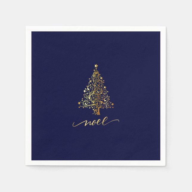 Elegant Dark Navy Blue & Gold Christmas Tree Noel Napkins (Front)