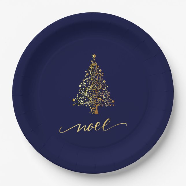 Elegant Dark Navy Blue & Gold Christmas Tree Noel Paper Plates (Front)