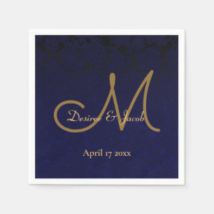 Elegant Dark Navy Blue Gold Monogram Floral Napkins