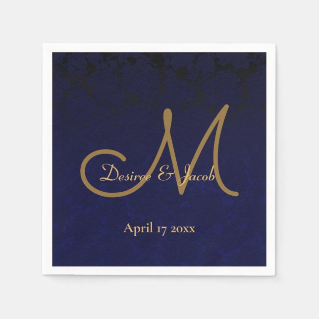 Elegant Dark Navy Blue Gold Monogram Floral Napkins (Front)