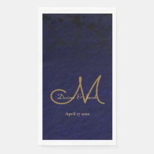 Elegant Dark Navy Blue Gold Monogram Floral Paper Guest Towels