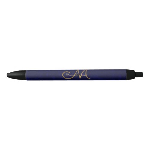 Elegant Dark Navy Blue Gold Wedding Monogram Black Ink Pen