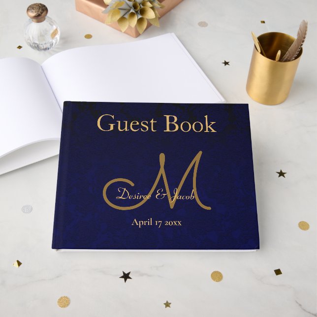 Elegant Dark Navy Blue Gold Wedding Monogram Guest Book (Front Open)