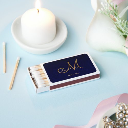 Elegant Dark Navy Blue Gold Wedding Monogram Matchboxes