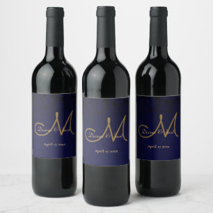 Elegant Dark Navy Blue Gold Wedding Monogram Wine Label